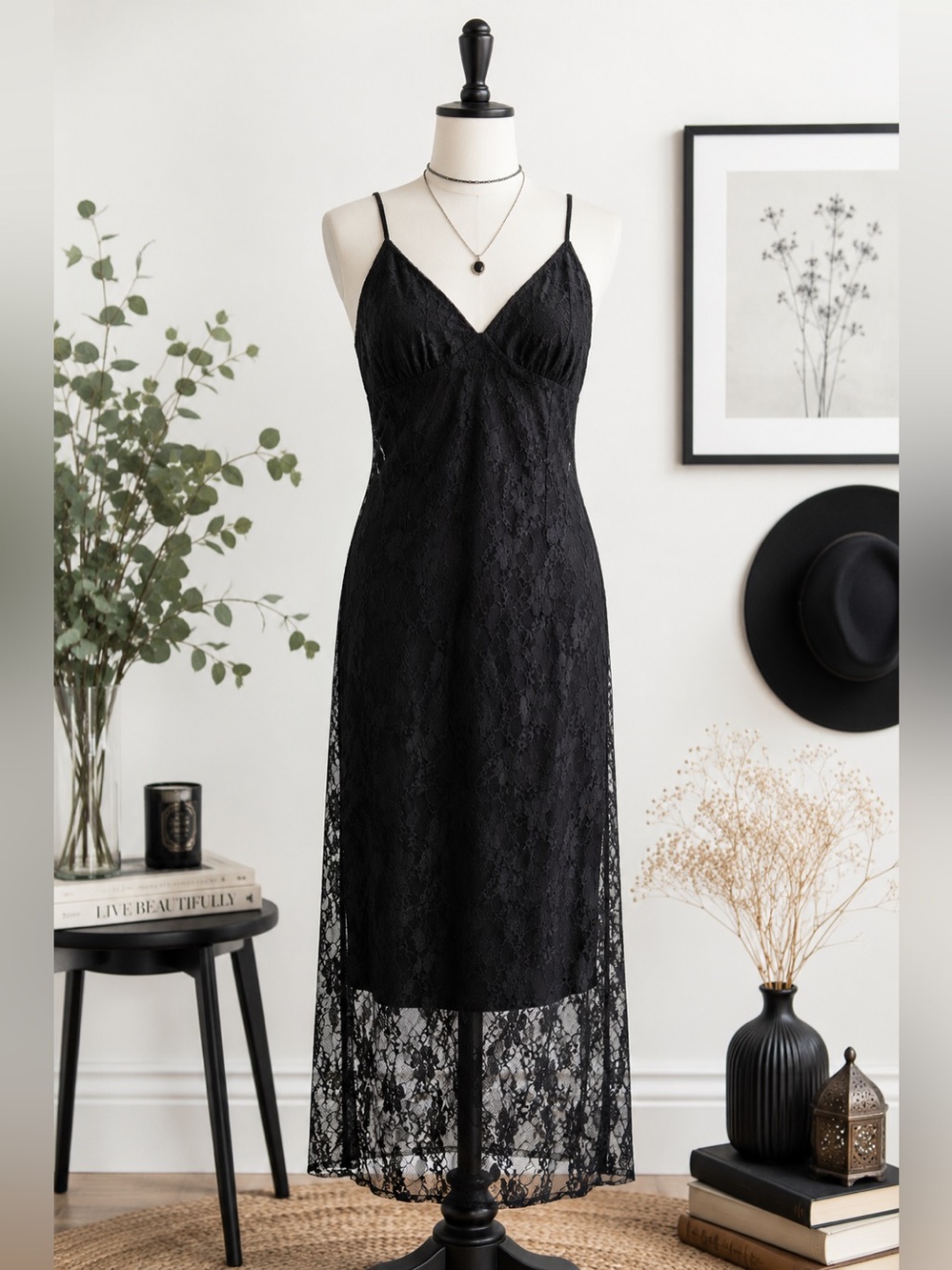Bloomfield Black Lace Midi Slip Dress | Size Large | Romantic Goth Cottagecore